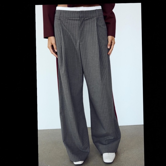 Zara Pinstripe Double Waistband Wide-Leg Trousers with Contrast Side Stripe - Picture 5 of 8